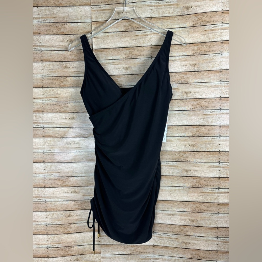 beyond control black one piece swimsuit V-Neck Adjustable Swim dress Size 12NWT